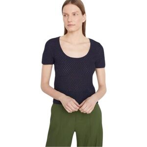 Vince Textured Scoop Neck Top in Navy Size Large Crochet Like Italian Contact